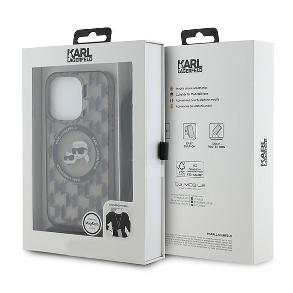 Pouzdro MagSafe pro Apple iPhone 15 Pro, Karl Lagerfeld, IML Crossbody Monogram Karl & Choupette's Heads, Černá