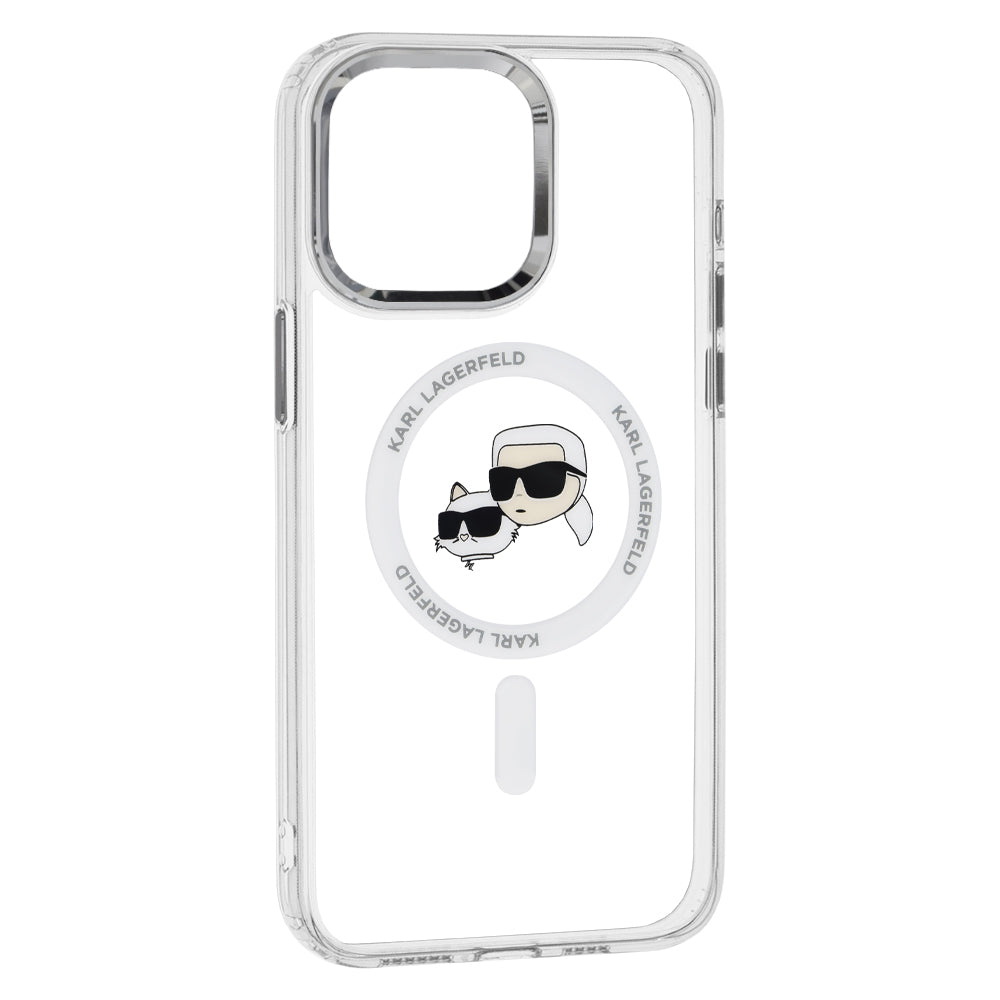 Pouzdro MagSafe pro Apple iPhone 15 Pro, Karl Lagerfeld, IML Metal Karl & Choupette's Heads, Bílá.