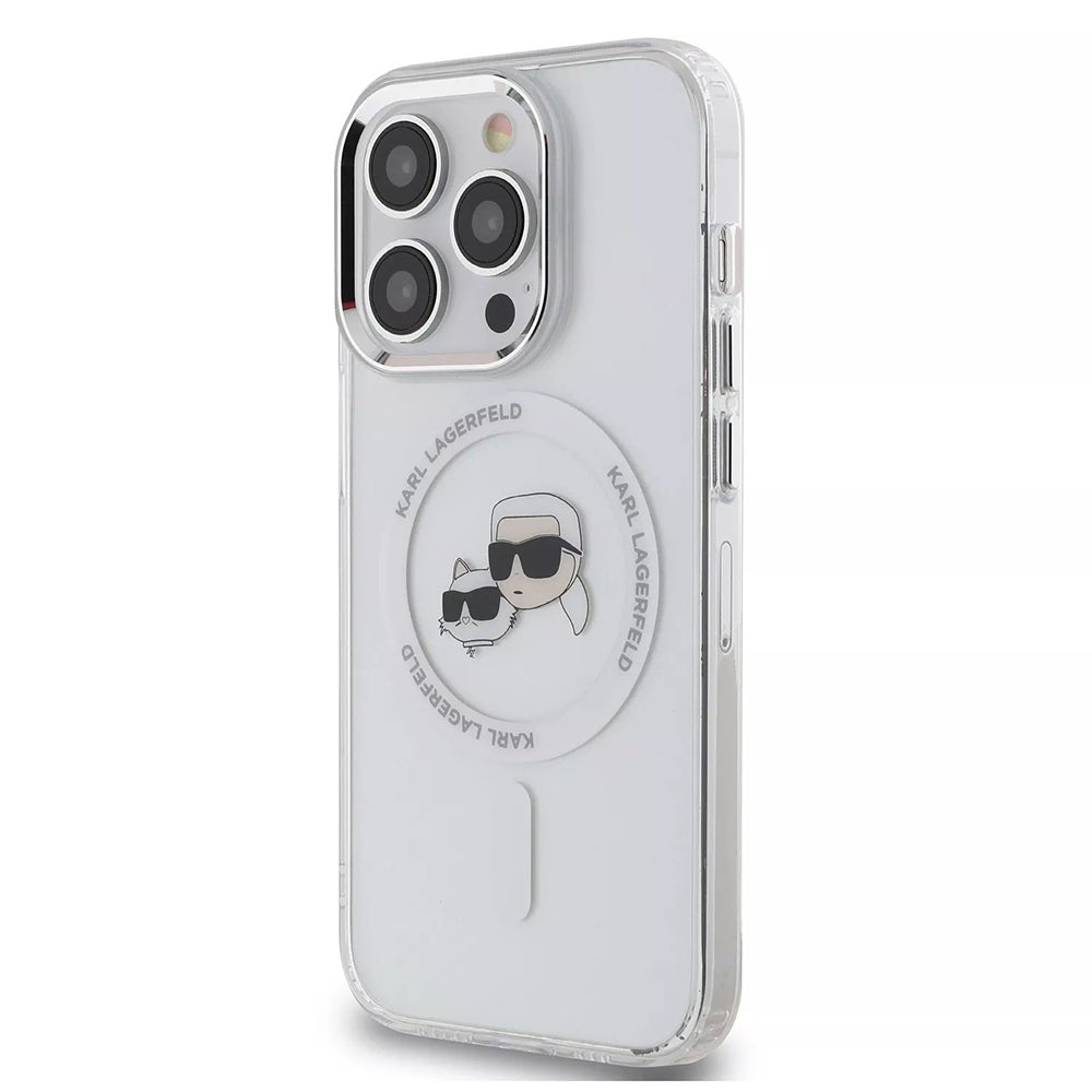 Pouzdro MagSafe pro Apple iPhone 15 Pro, Karl Lagerfeld, IML Metal Karl & Choupette's Heads, Bílá.