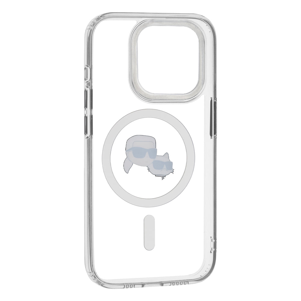 Pouzdro MagSafe pro Apple iPhone 15 Pro, Karl Lagerfeld, IML Metal Karl & Choupette's Heads, Bílá.