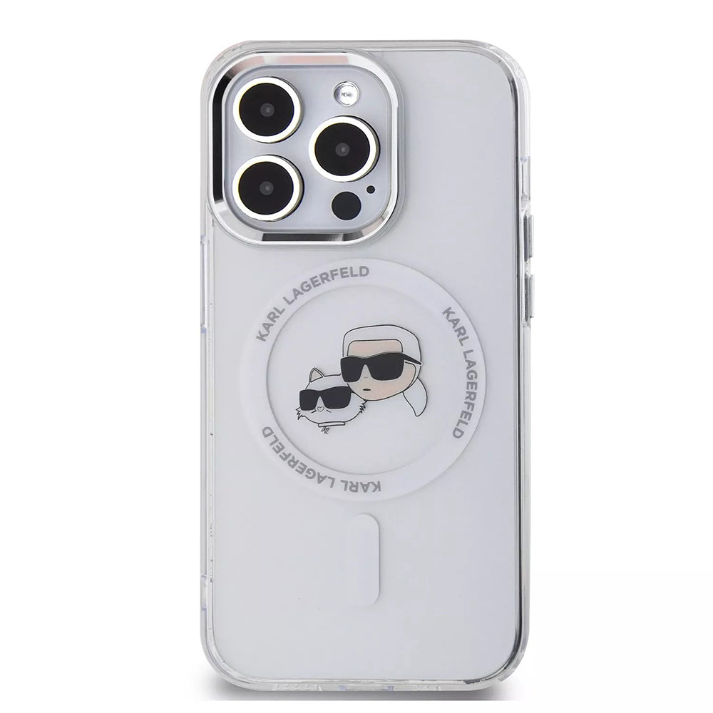 Pouzdro MagSafe pro Apple iPhone 15 Pro, Karl Lagerfeld, IML Metal Karl & Choupette's Heads, Bílá.