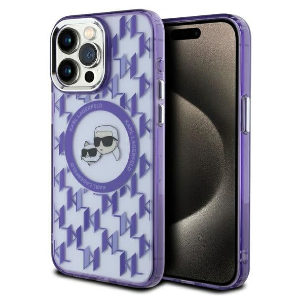 Pouzdro MagSafe pro Apple iPhone 15 Pro, Karl Lagerfeld, IML Monogram Karl & Choupette's Heads, Fialová