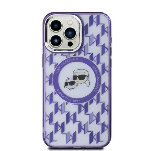 Pouzdro MagSafe pro Apple iPhone 15 Pro, Karl Lagerfeld, IML Monogram Karl & Choupette's Heads, Fialová