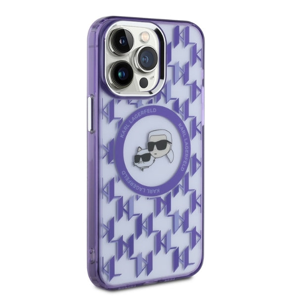 Pouzdro MagSafe pro Apple iPhone 15 Pro, Karl Lagerfeld, IML Monogram Karl & Choupette's Heads, Fialová