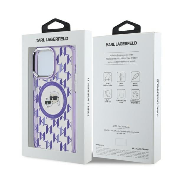 Pouzdro MagSafe pro Apple iPhone 15 Pro, Karl Lagerfeld, IML Monogram Karl & Choupette's Heads, Fialová