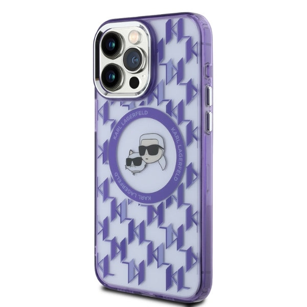Pouzdro MagSafe pro Apple iPhone 15 Pro, Karl Lagerfeld, IML Monogram Karl & Choupette's Heads, Fialová