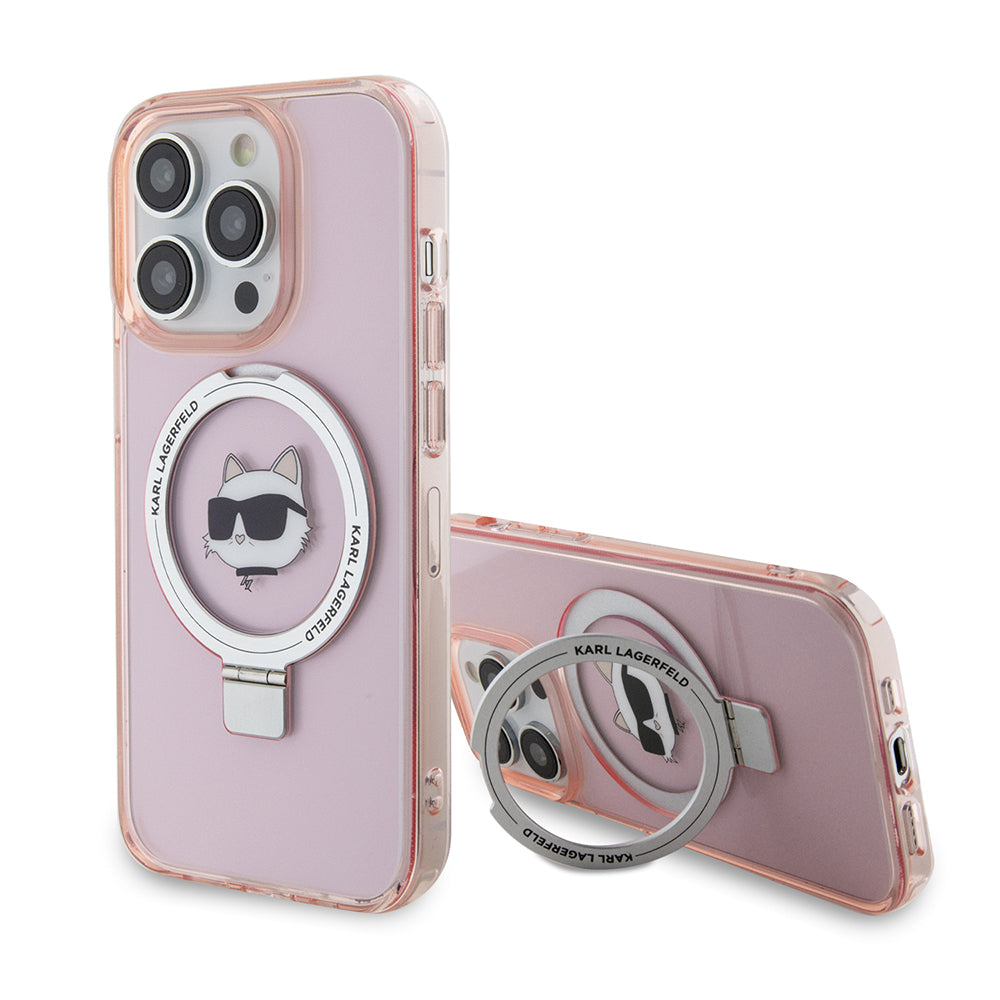 Pouzdro MagSafe pro Apple iPhone 15 Pro, Karl Lagerfeld, Ring Stand Choupette's Head, Růžové
