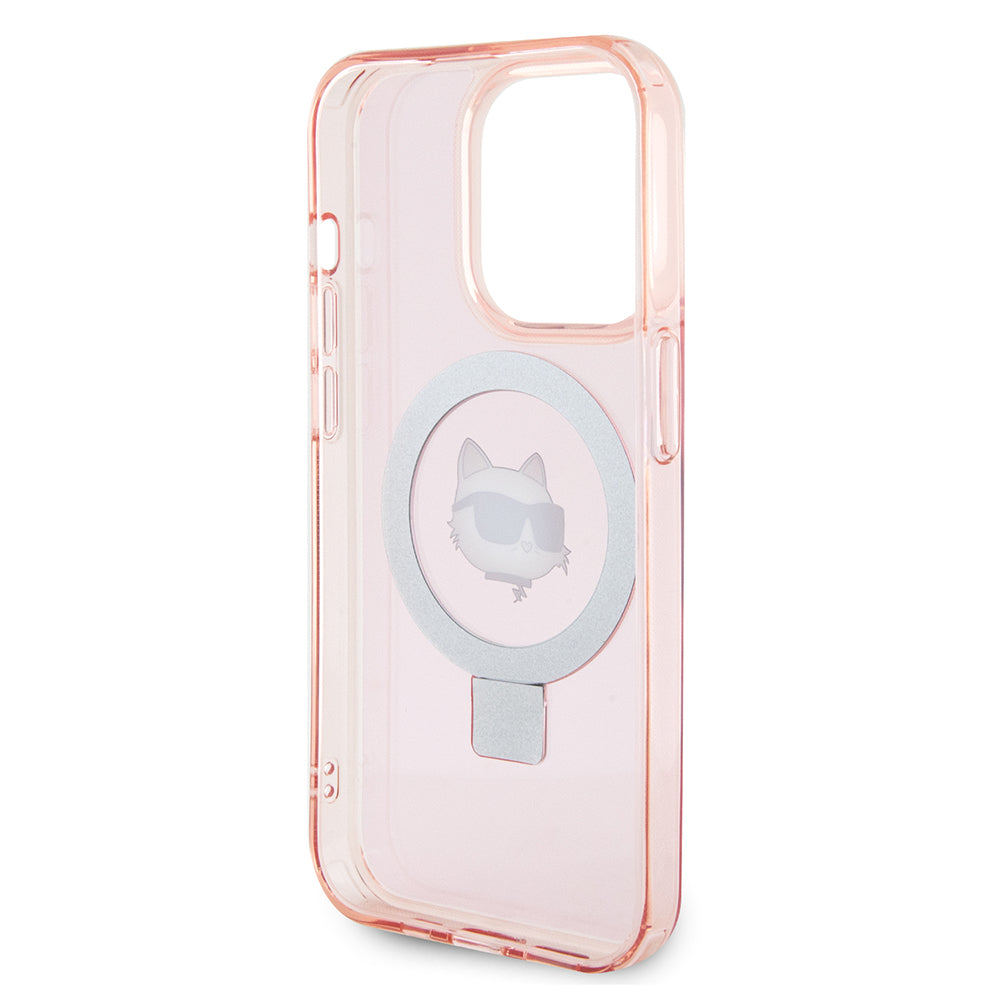 Pouzdro MagSafe pro Apple iPhone 15 Pro, Karl Lagerfeld, Ring Stand Choupette's Head, Růžové