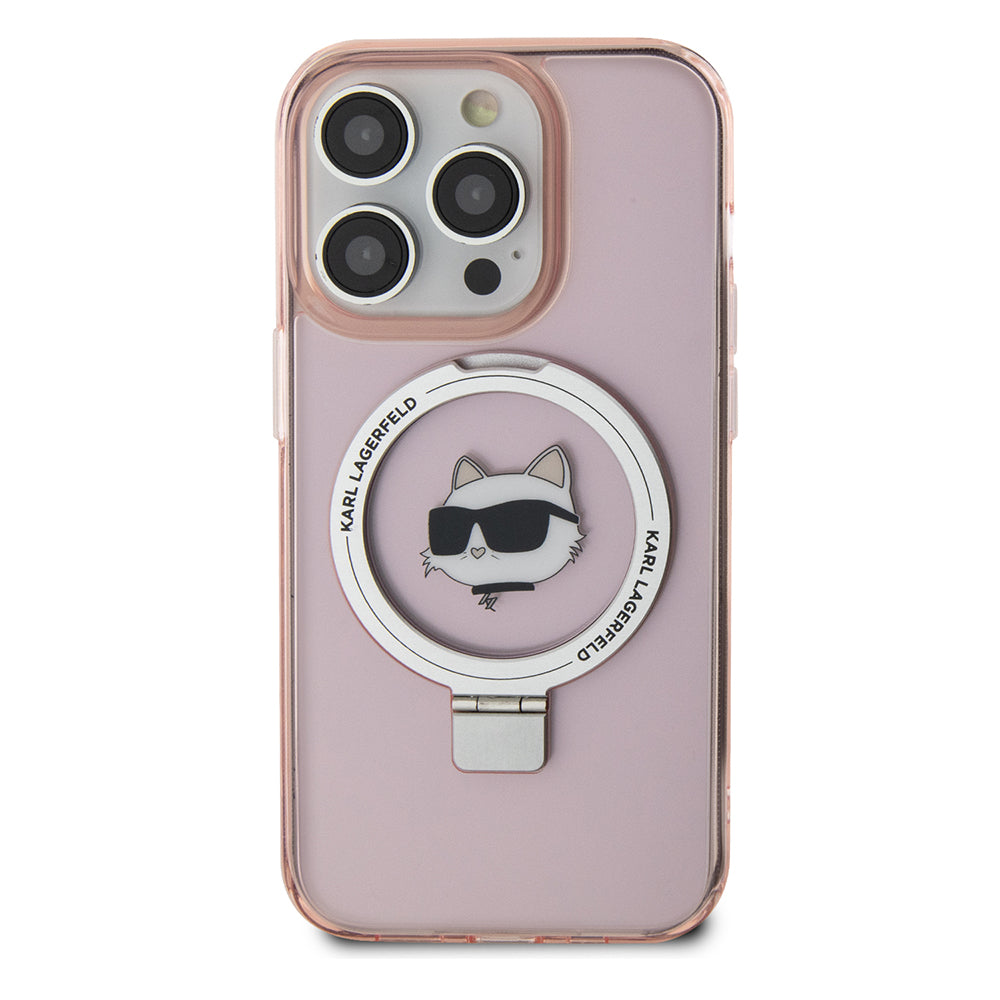 Pouzdro MagSafe pro Apple iPhone 15 Pro, Karl Lagerfeld, Ring Stand Choupette's Head, Růžové