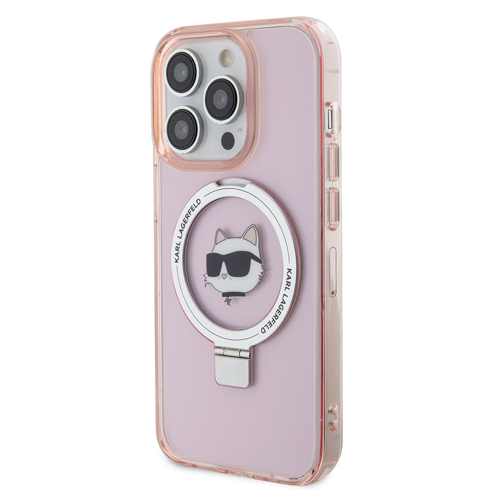 Pouzdro MagSafe pro Apple iPhone 15 Pro, Karl Lagerfeld, Ring Stand Choupette's Head, Růžové