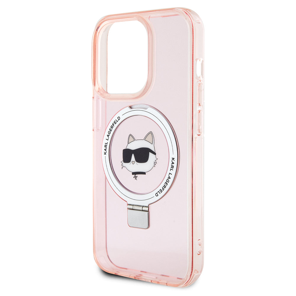 Pouzdro MagSafe pro Apple iPhone 15 Pro, Karl Lagerfeld, Ring Stand Choupette's Head, Růžové