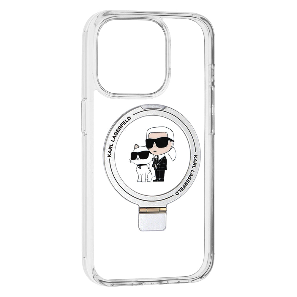 Pouzdro MagSafe pro Apple iPhone 15 Pro, Karl Lagerfeld, Ring Stand Karl & Choupette, Bílá