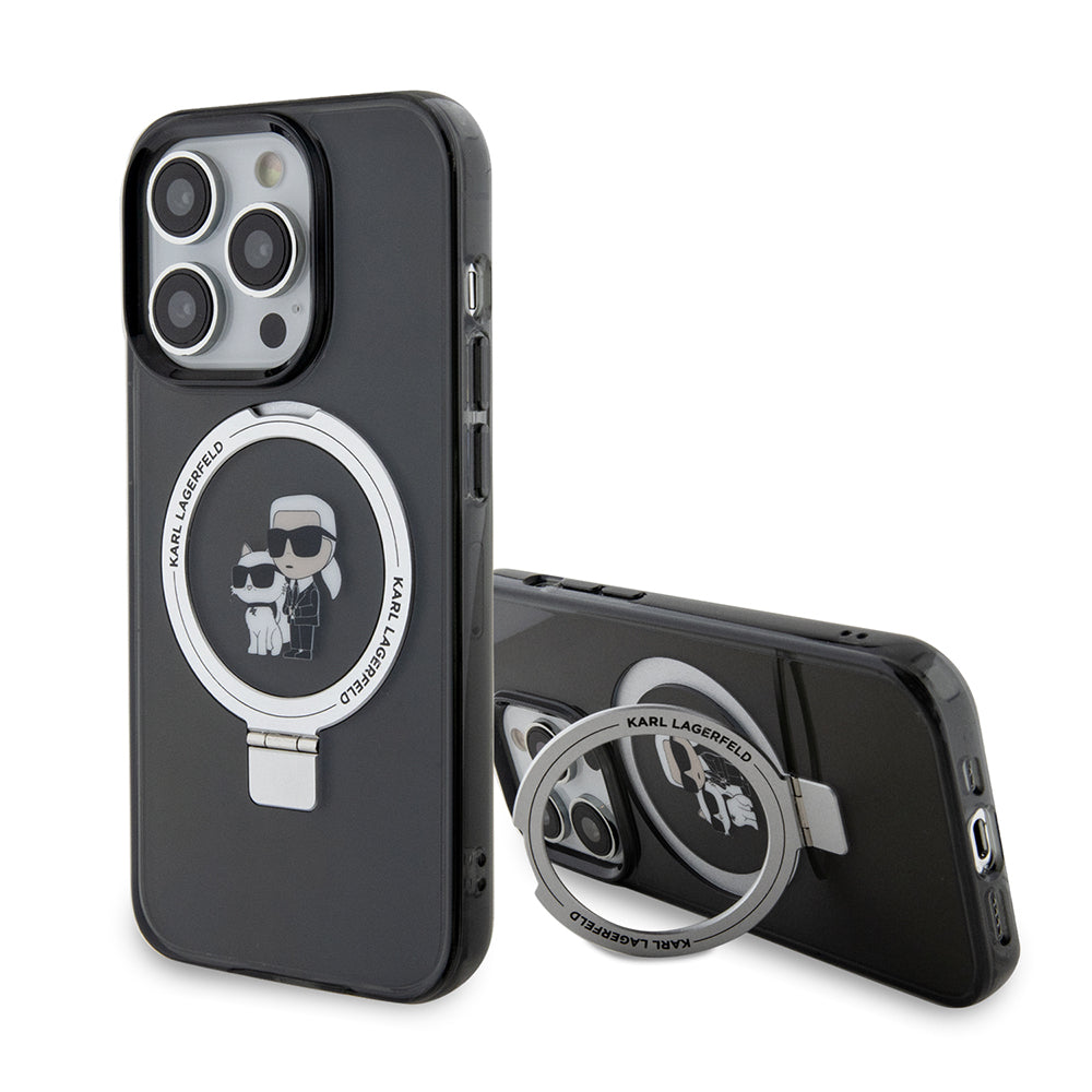 Pouzdro MagSafe pro Apple iPhone 15 Pro, Karl Lagerfeld, Ring Stand Karl & Choupette, Černá