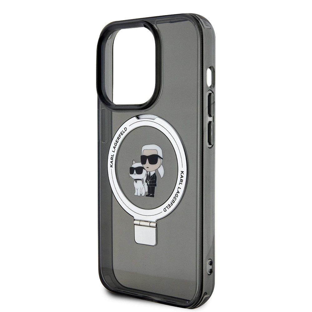 Pouzdro MagSafe pro Apple iPhone 15 Pro, Karl Lagerfeld, Ring Stand Karl & Choupette, Černá