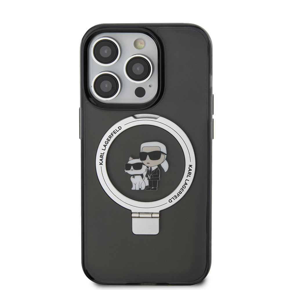 Pouzdro MagSafe pro Apple iPhone 15 Pro, Karl Lagerfeld, Ring Stand Karl & Choupette, Černá