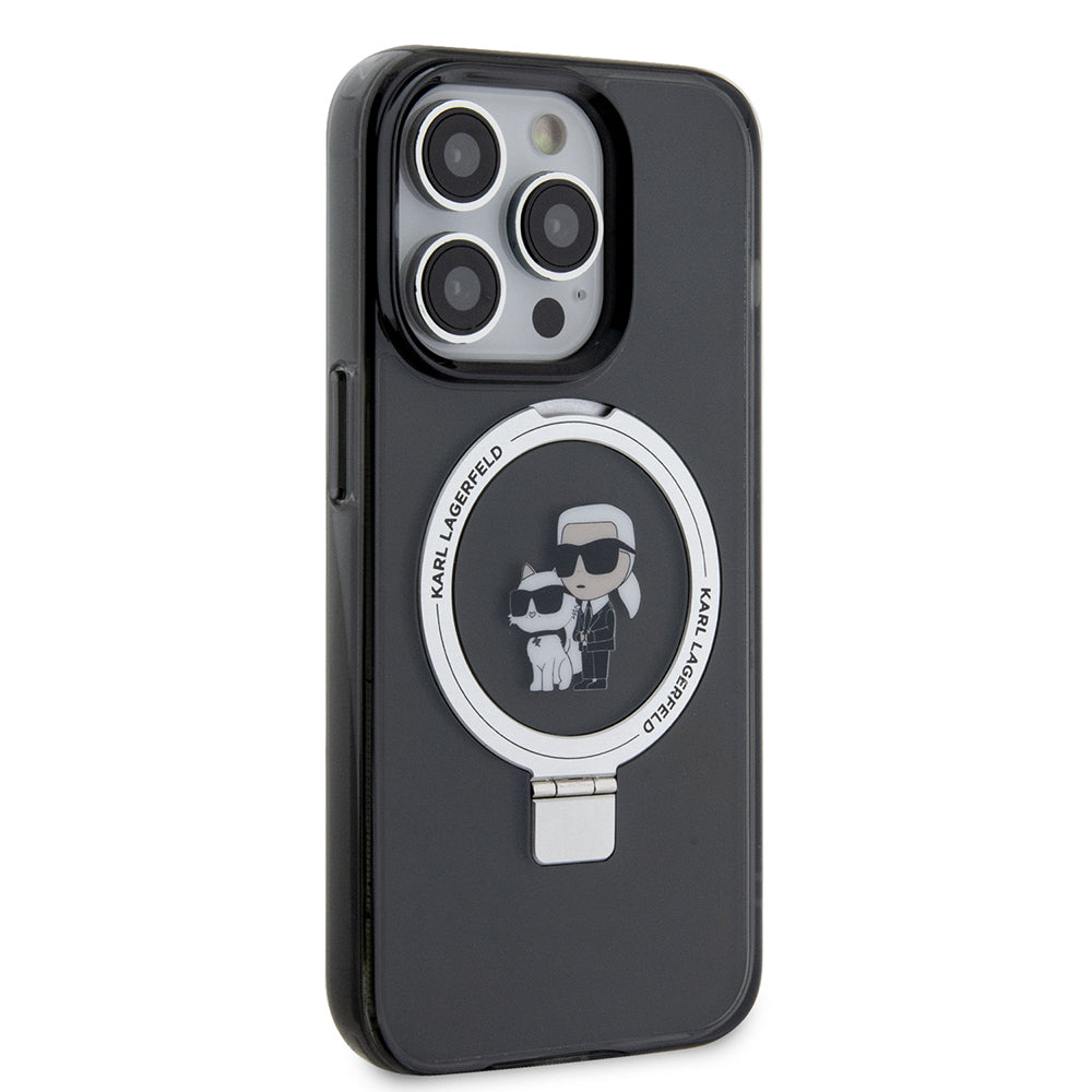Pouzdro MagSafe pro Apple iPhone 15 Pro, Karl Lagerfeld, Ring Stand Karl & Choupette, Černá