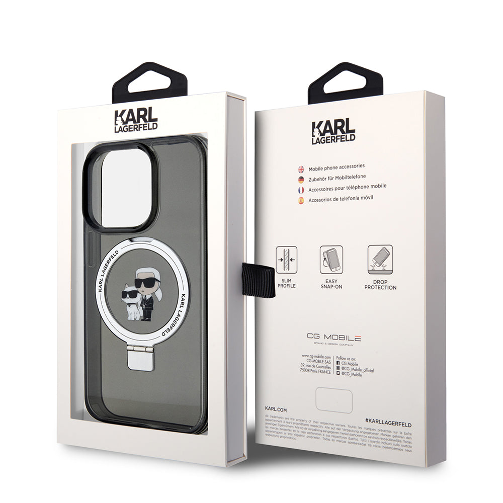 Pouzdro MagSafe pro Apple iPhone 15 Pro, Karl Lagerfeld, Ring Stand Karl & Choupette, Černá