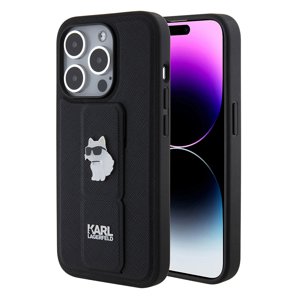 Pouzdro MagSafe pro Apple iPhone 15 Pro, Karl Lagerfeld, Saffiano Gripstand Choupette, Černá