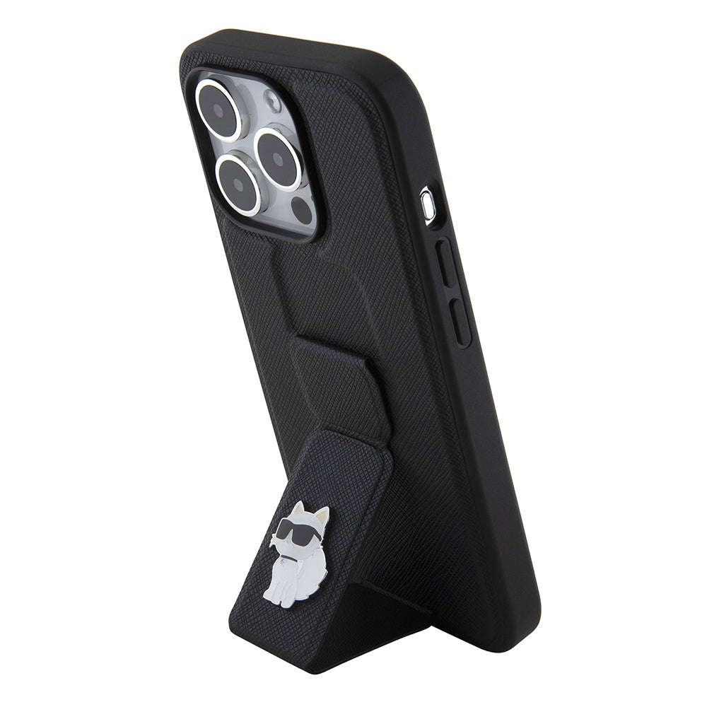Pouzdro MagSafe pro Apple iPhone 15 Pro, Karl Lagerfeld, Saffiano Gripstand Choupette, Černá