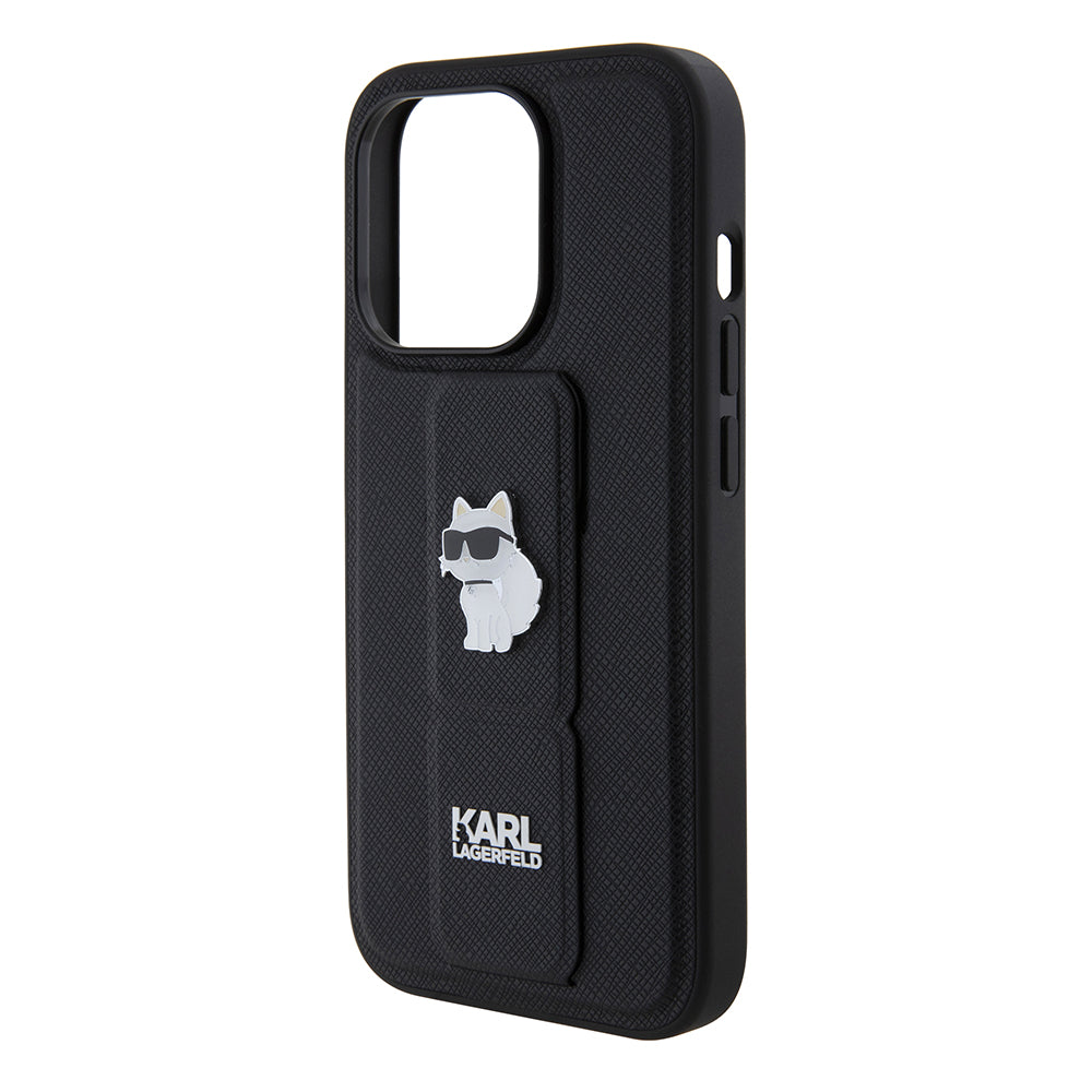 Pouzdro MagSafe pro Apple iPhone 15 Pro, Karl Lagerfeld, Saffiano Gripstand Choupette, Černá