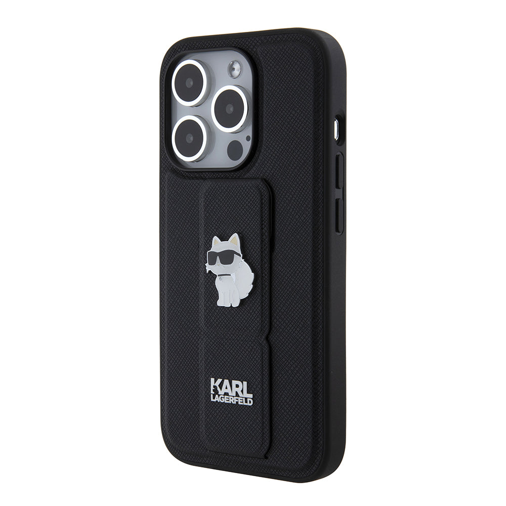 Pouzdro MagSafe pro Apple iPhone 15 Pro, Karl Lagerfeld, Saffiano Gripstand Choupette, Černá