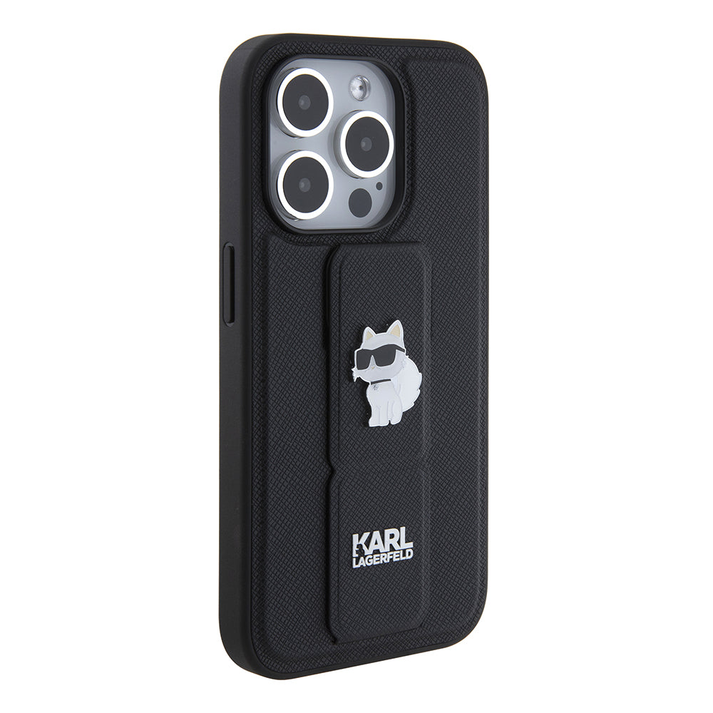 Pouzdro MagSafe pro Apple iPhone 15 Pro, Karl Lagerfeld, Saffiano Gripstand Choupette, Černá