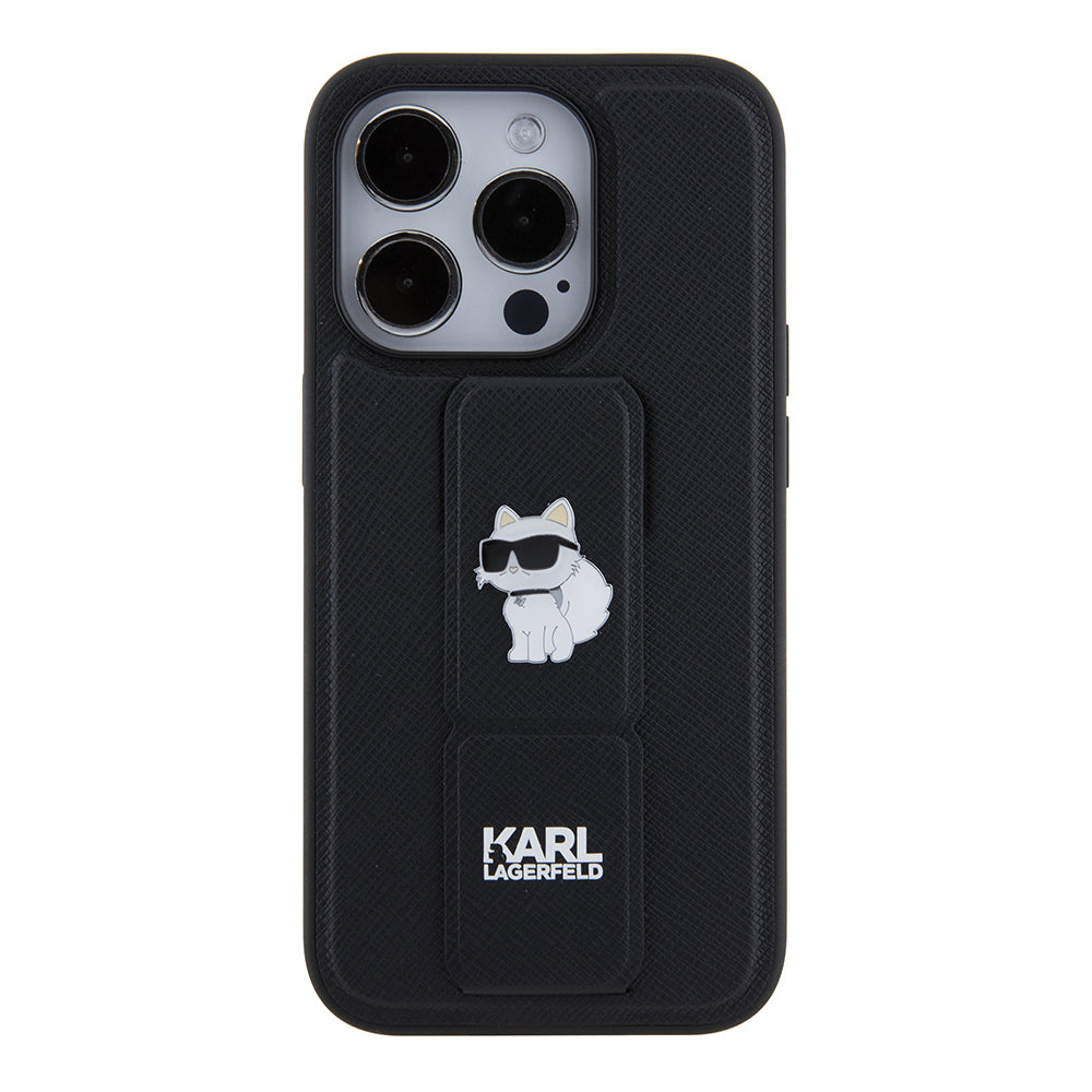 Pouzdro MagSafe pro Apple iPhone 15 Pro, Karl Lagerfeld, Saffiano Gripstand Choupette, Černá