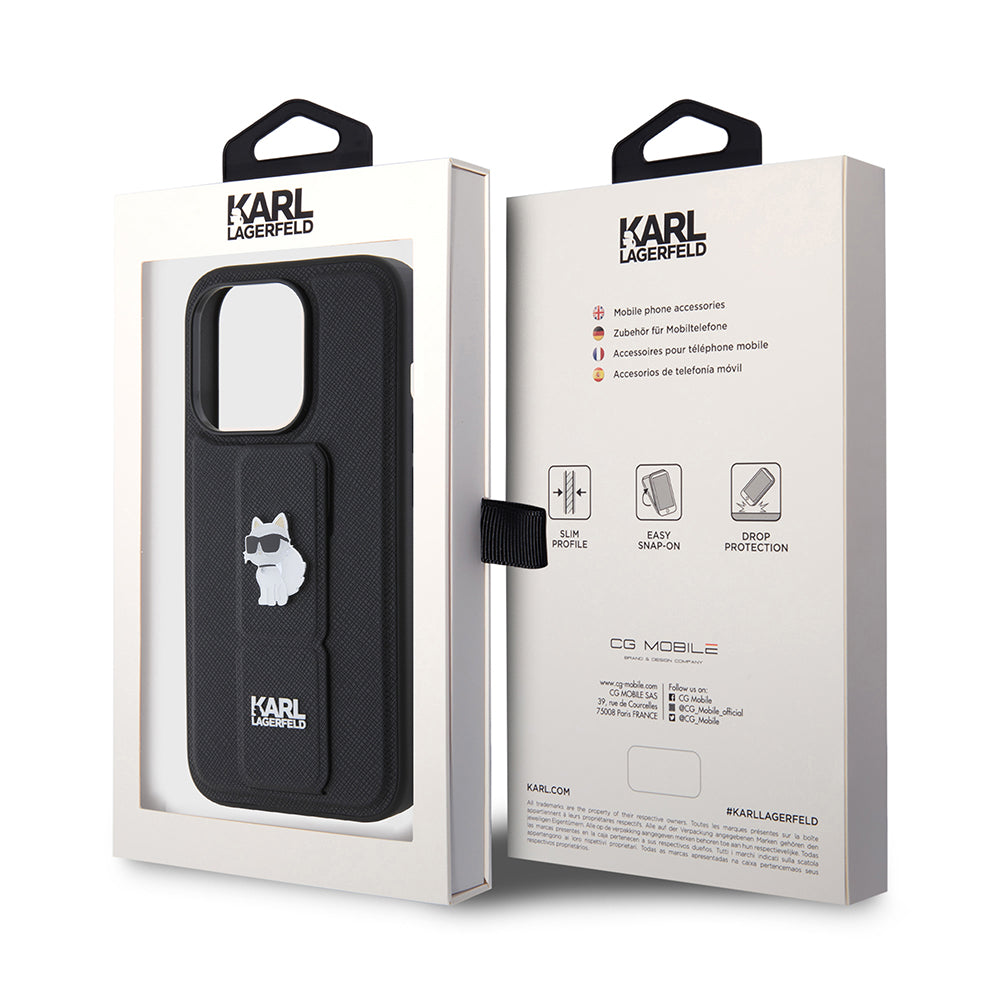 Pouzdro MagSafe pro Apple iPhone 15 Pro, Karl Lagerfeld, Saffiano Gripstand Choupette, Černá