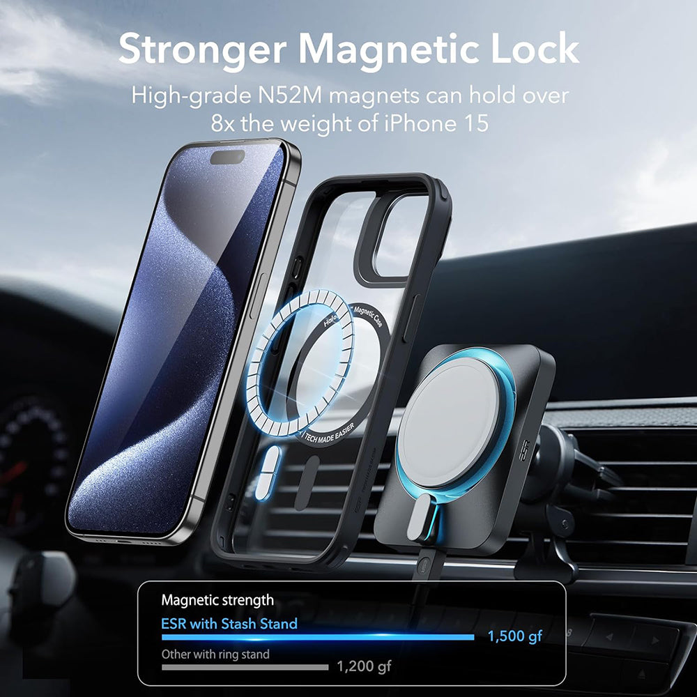 MagSafe Case for Apple iPhone 15 Pro Max, ESR, Classic Hybrid Kickstand, Black Transparent
