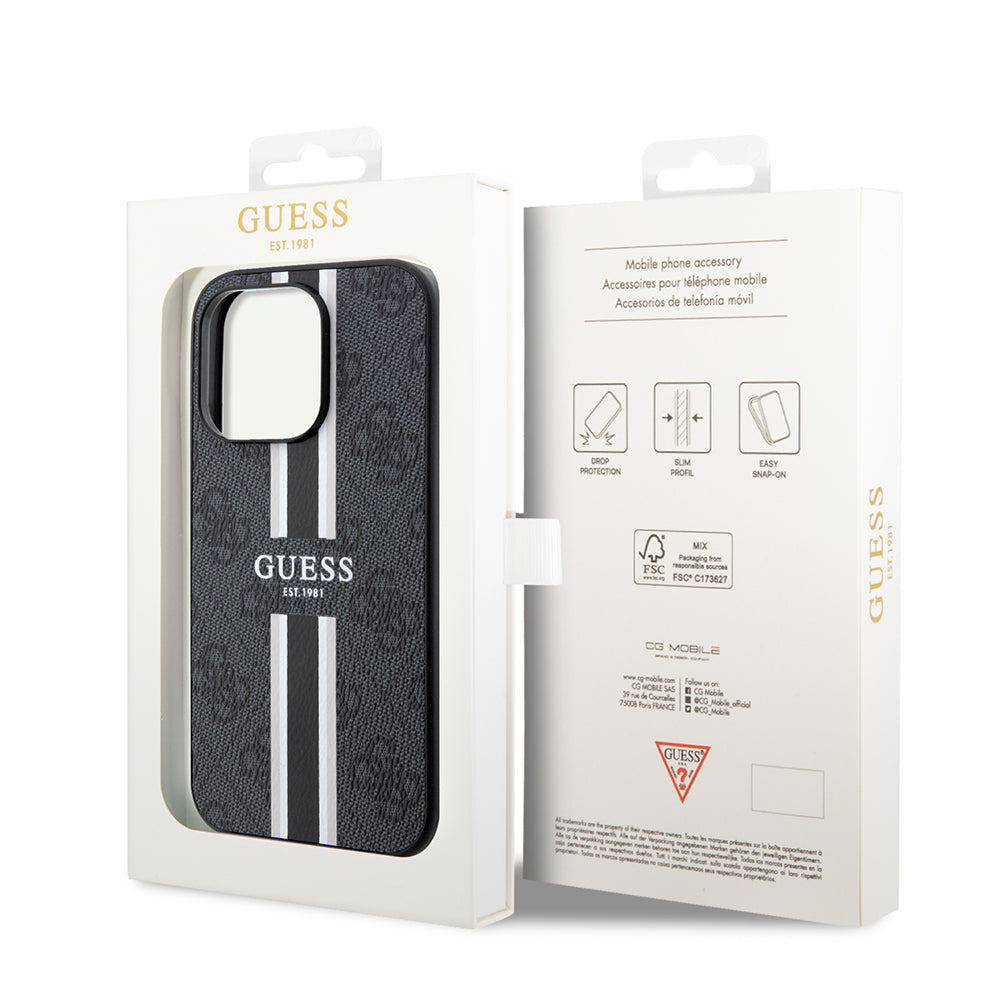 Pouzdro MagSafe pro Apple iPhone 15 Pro Max, Guess, 4G Printed Stripes, Černá