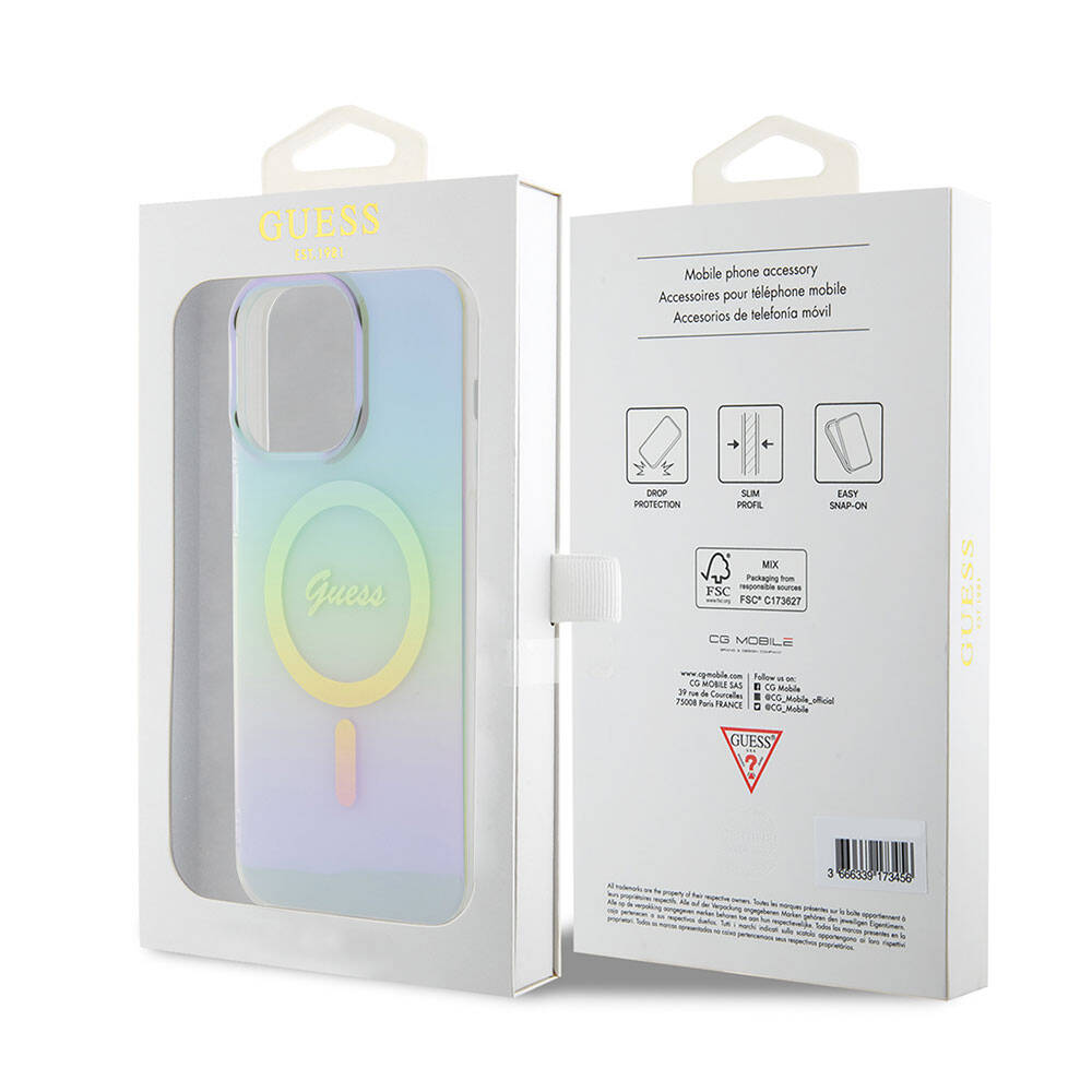 Pouzdro MagSafe pro Apple iPhone 15 Pro Max, Guess, IML Iridescent, Tyrkysová
