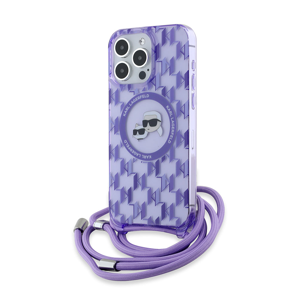 Pouzdro MagSafe pro Apple iPhone 15 Pro Max, Karl Lagerfeld, IML Crossbody Monogram Karl & Choupette's Heads, Fialová