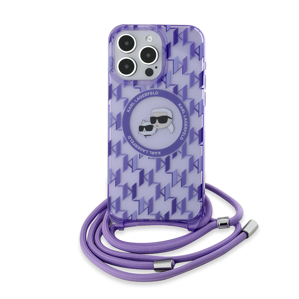 Pouzdro MagSafe pro Apple iPhone 15 Pro Max, Karl Lagerfeld, IML Crossbody Monogram Karl & Choupette's Heads, Fialová