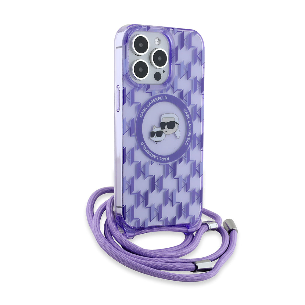 Pouzdro MagSafe pro Apple iPhone 15 Pro Max, Karl Lagerfeld, IML Crossbody Monogram Karl & Choupette's Heads, Fialová