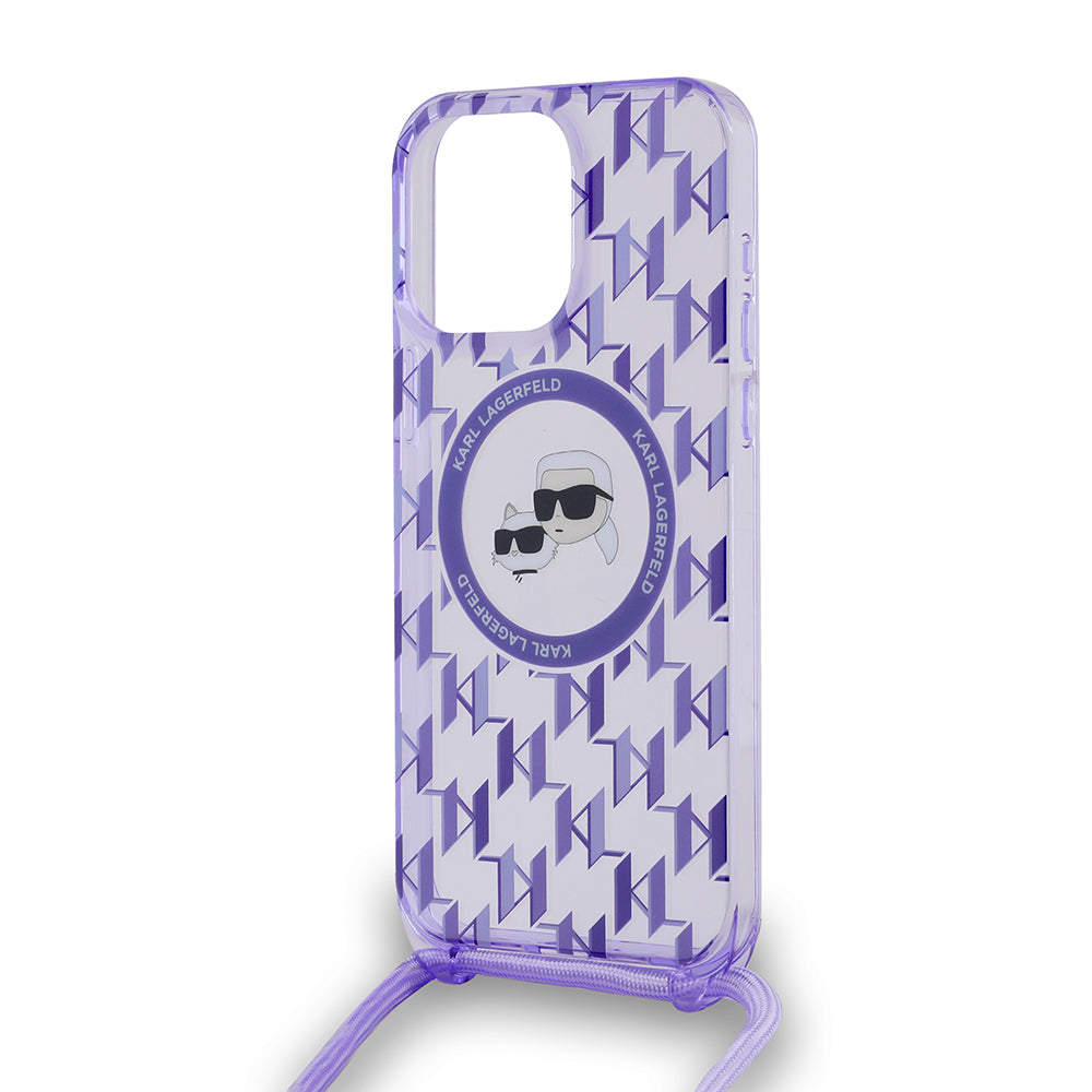 Pouzdro MagSafe pro Apple iPhone 15 Pro Max, Karl Lagerfeld, IML Crossbody Monogram Karl & Choupette's Heads, Fialová