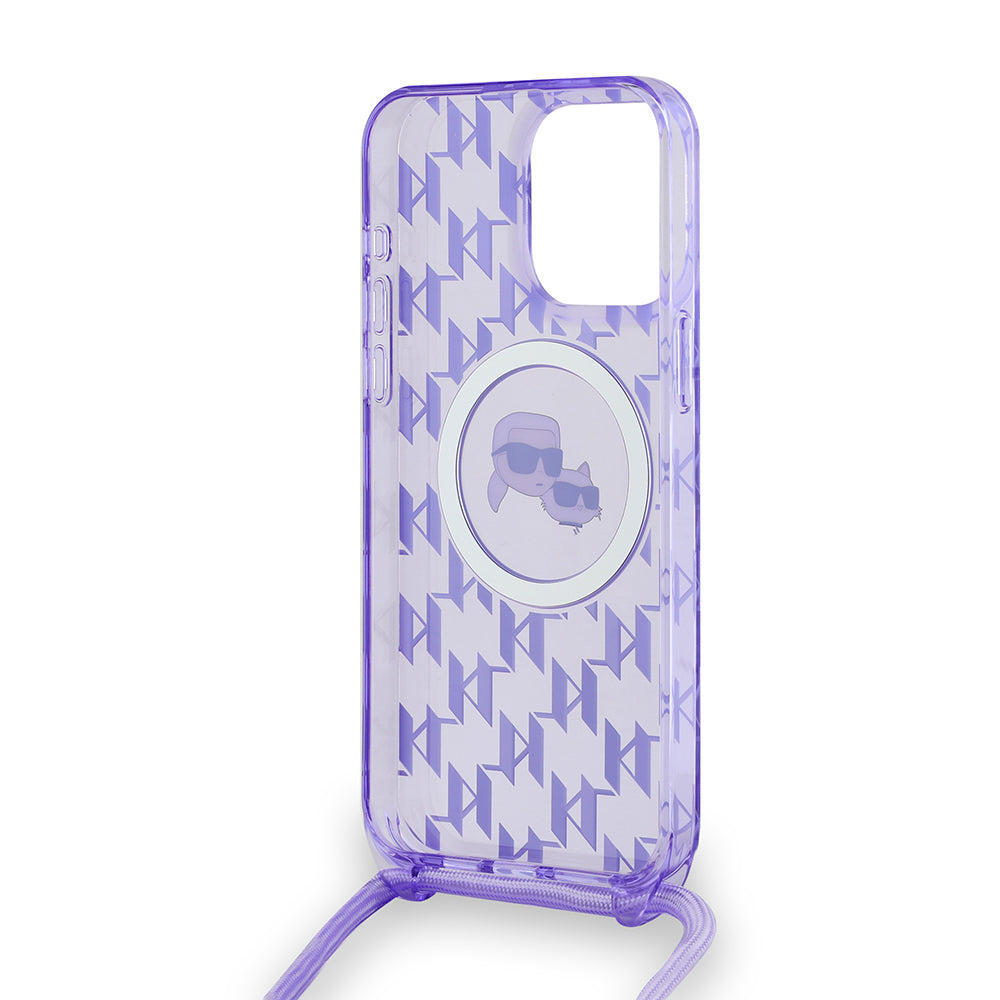 Pouzdro MagSafe pro Apple iPhone 15 Pro Max, Karl Lagerfeld, IML Crossbody Monogram Karl & Choupette's Heads, Fialová