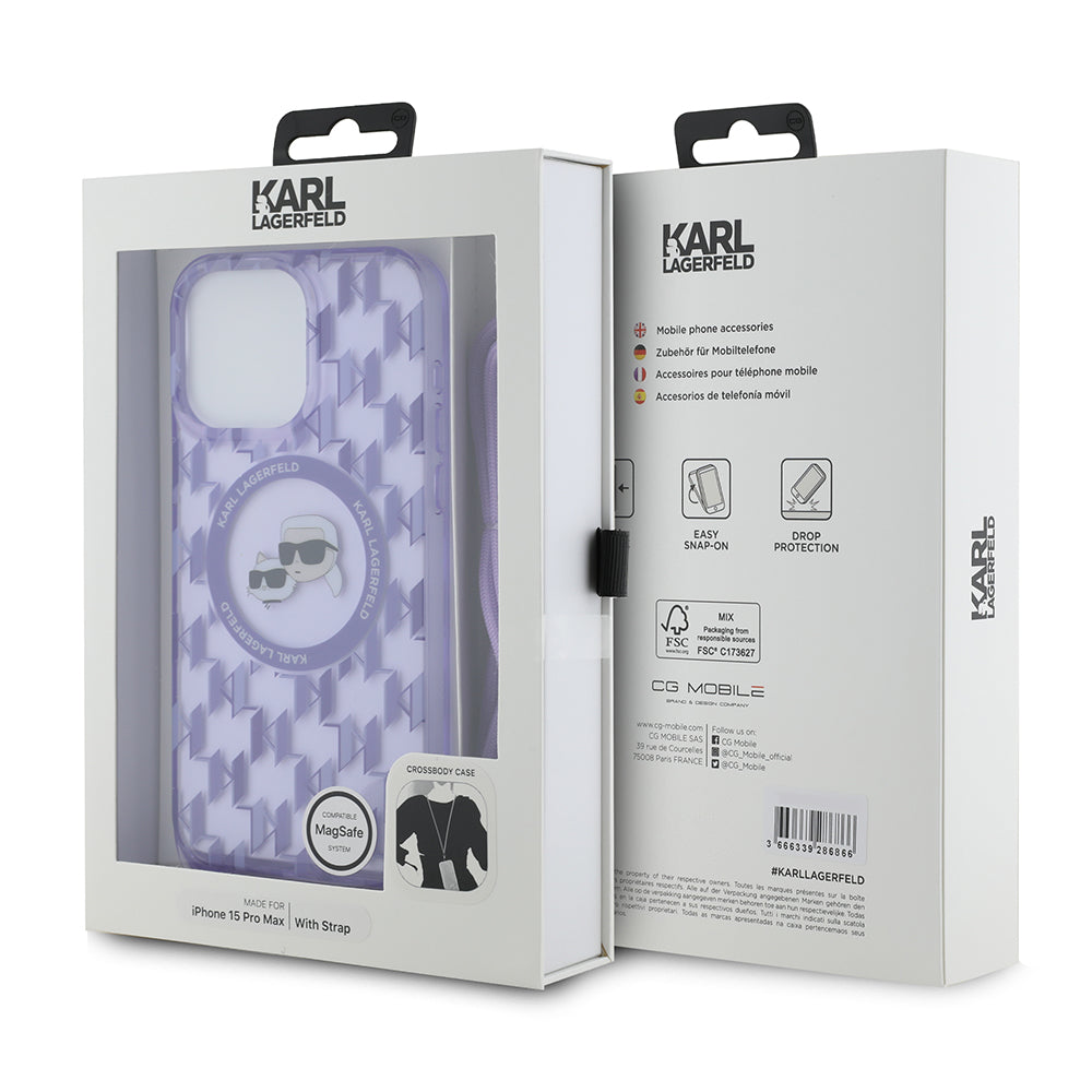Pouzdro MagSafe pro Apple iPhone 15 Pro Max, Karl Lagerfeld, IML Crossbody Monogram Karl & Choupette's Heads, Fialová