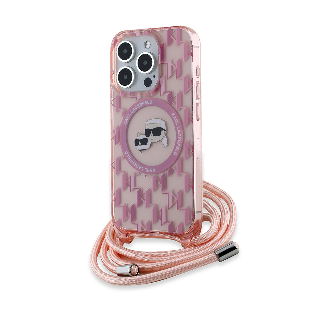 Pouzdro MagSafe pro Apple iPhone 15 Pro Max, Karl Lagerfeld, IML Crossbody Monogram Karl & Choupette's Heads, Růžové