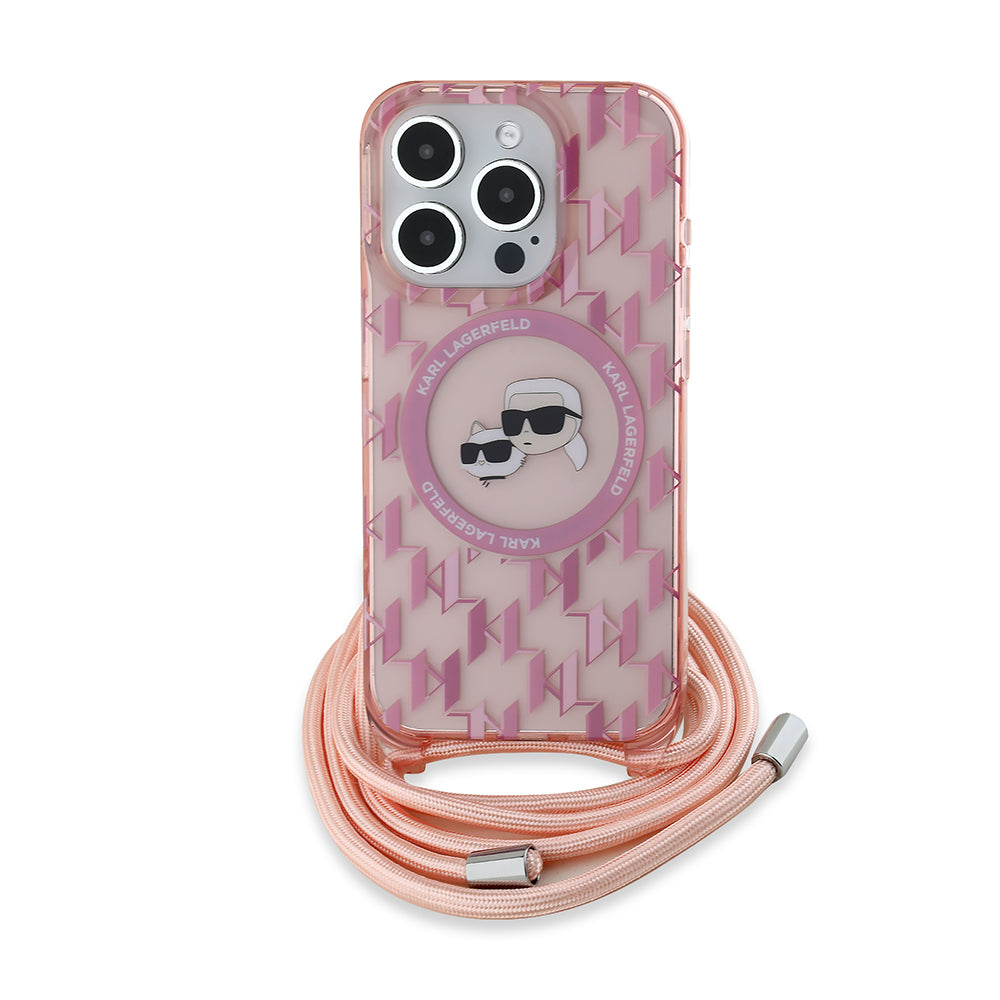 Pouzdro MagSafe pro Apple iPhone 15 Pro Max, Karl Lagerfeld, IML Crossbody Monogram Karl & Choupette's Heads, Růžové