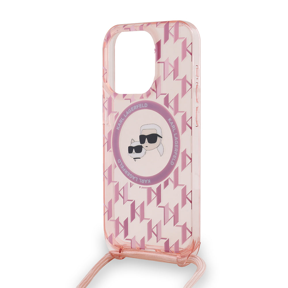 Pouzdro MagSafe pro Apple iPhone 15 Pro Max, Karl Lagerfeld, IML Crossbody Monogram Karl & Choupette's Heads, Růžové