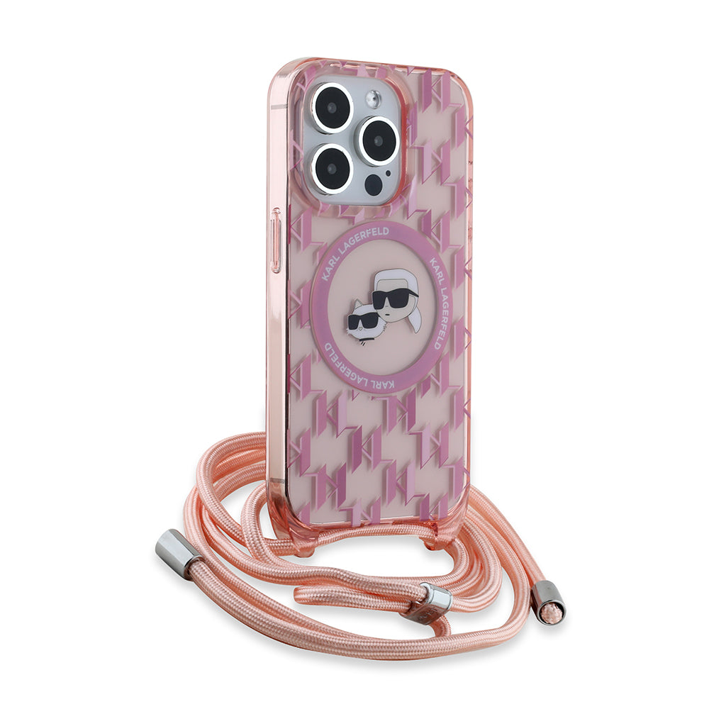 Pouzdro MagSafe pro Apple iPhone 15 Pro Max, Karl Lagerfeld, IML Crossbody Monogram Karl & Choupette's Heads, Růžové