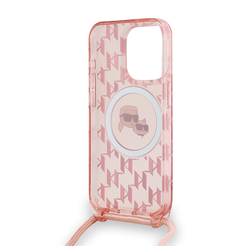 Pouzdro MagSafe pro Apple iPhone 15 Pro Max, Karl Lagerfeld, IML Crossbody Monogram Karl & Choupette's Heads, Růžové