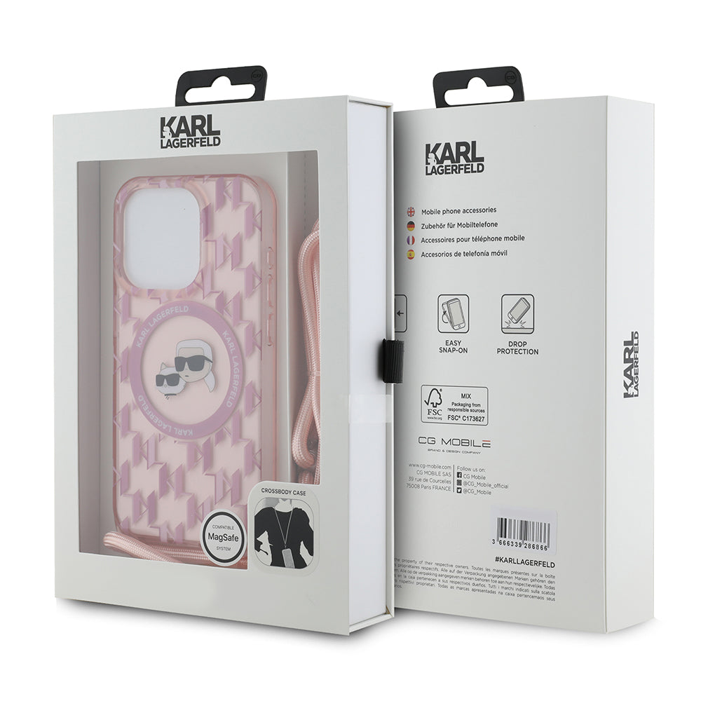 Pouzdro MagSafe pro Apple iPhone 15 Pro Max, Karl Lagerfeld, IML Crossbody Monogram Karl & Choupette's Heads, Růžové