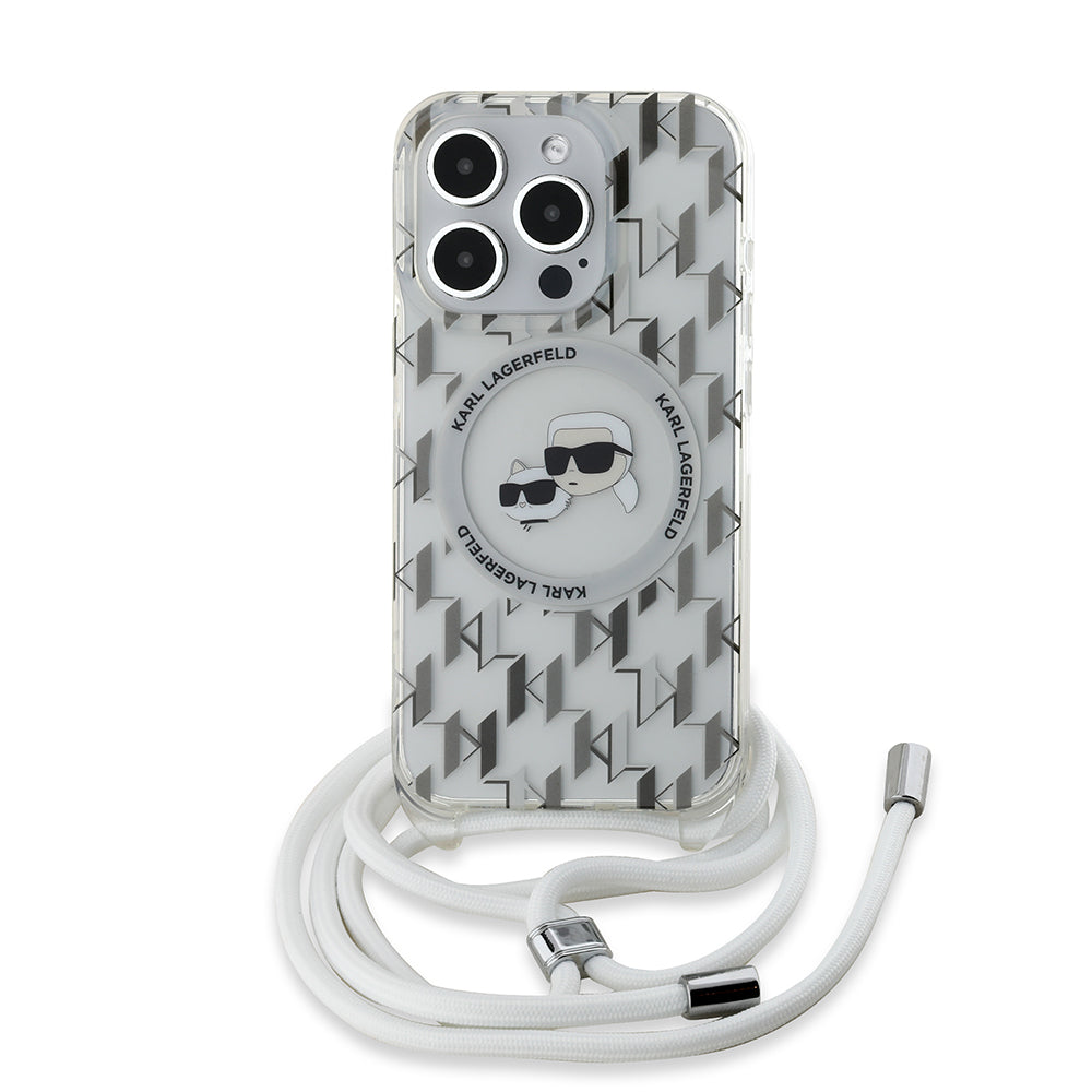 Pouzdro MagSafe pro Apple iPhone 15 Pro Max, Karl Lagerfeld, IML Crossbody Monogram Karl & Choupette's Heads, Transparentní
