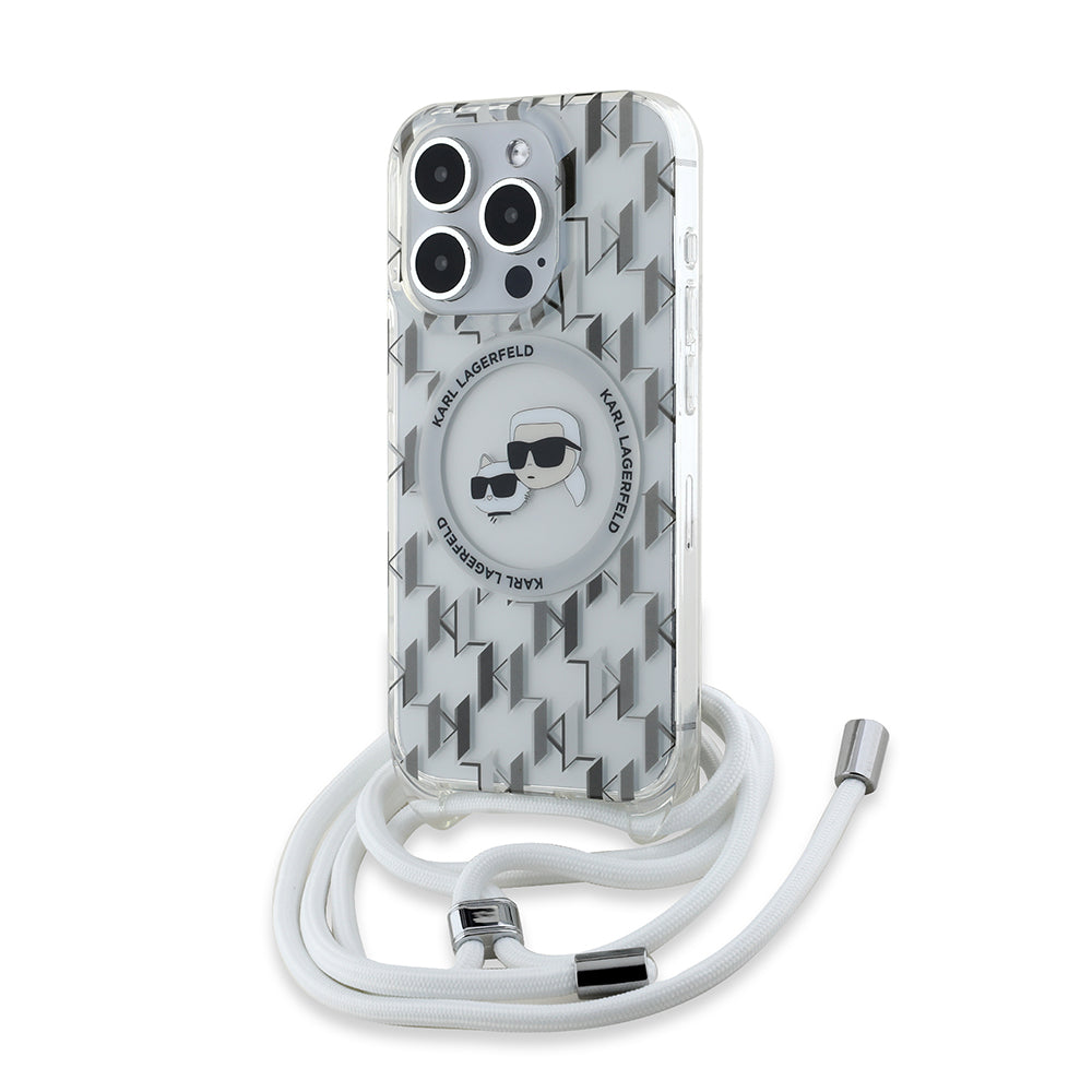 Pouzdro MagSafe pro Apple iPhone 15 Pro Max, Karl Lagerfeld, IML Crossbody Monogram Karl & Choupette's Heads, Transparentní