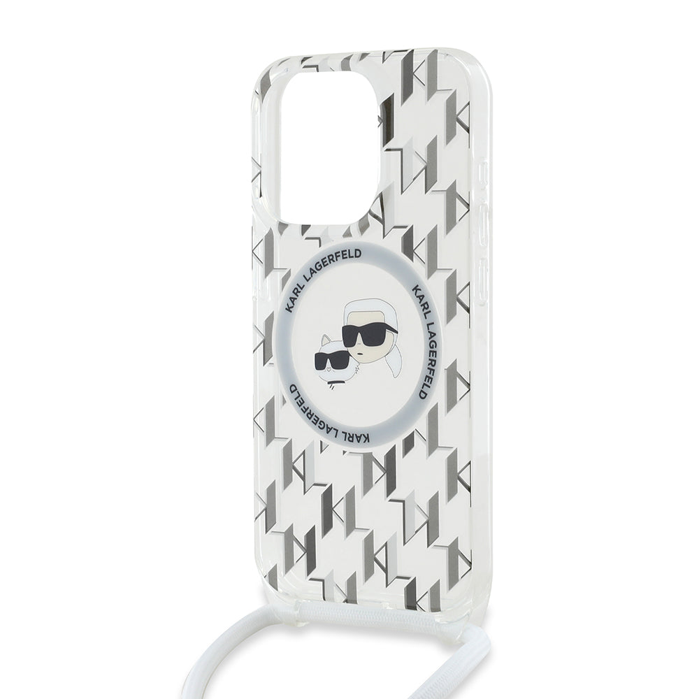Pouzdro MagSafe pro Apple iPhone 15 Pro Max, Karl Lagerfeld, IML Crossbody Monogram Karl & Choupette's Heads, Transparentní