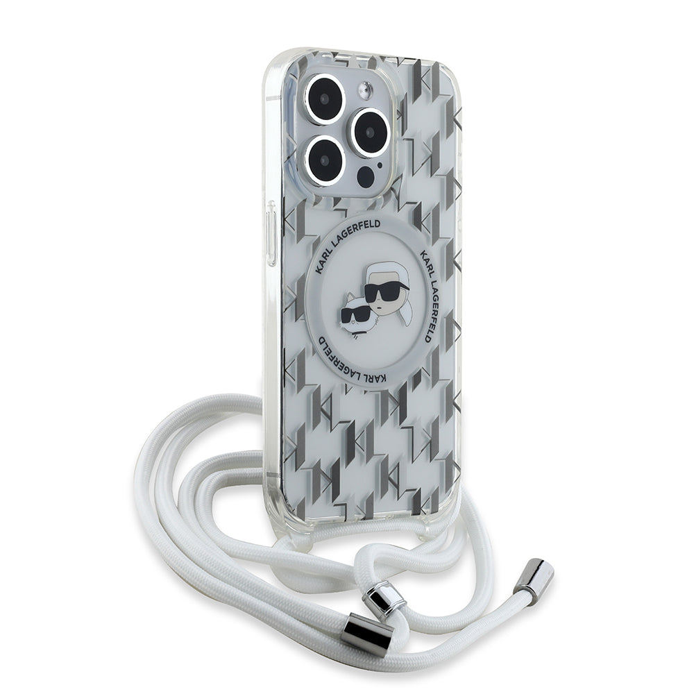Pouzdro MagSafe pro Apple iPhone 15 Pro Max, Karl Lagerfeld, IML Crossbody Monogram Karl & Choupette's Heads, Transparentní