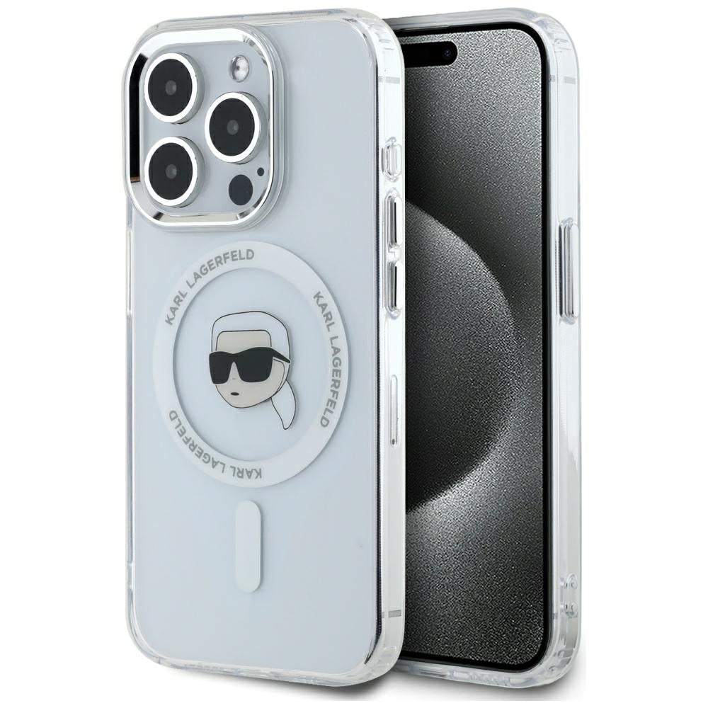 Pouzdro MagSafe pro Apple iPhone 15 Pro Max, Karl Lagerfeld, IML Metal Karl's Head, Bílá