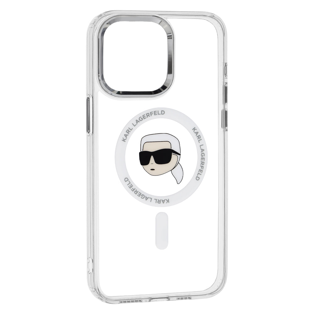 Pouzdro MagSafe pro Apple iPhone 15 Pro Max, Karl Lagerfeld, IML Metal Karl's Head, Bílá