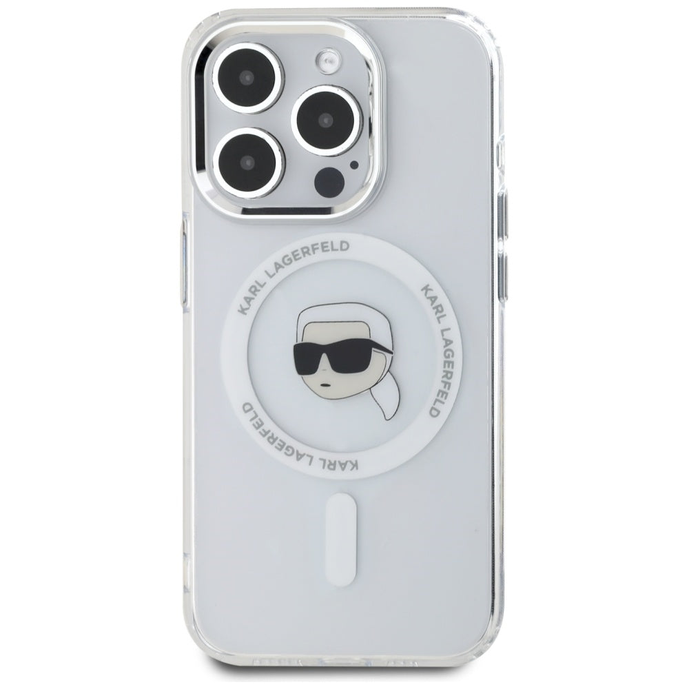 Pouzdro MagSafe pro Apple iPhone 15 Pro Max, Karl Lagerfeld, IML Metal Karl's Head, Bílá